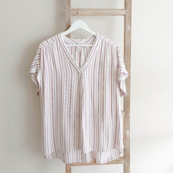 NINE WEST TOP SZ XL RED WHITE TICKING STRIPE 100% VISCOSE VNECK CAP SLEEVE - Picture 1 of 6